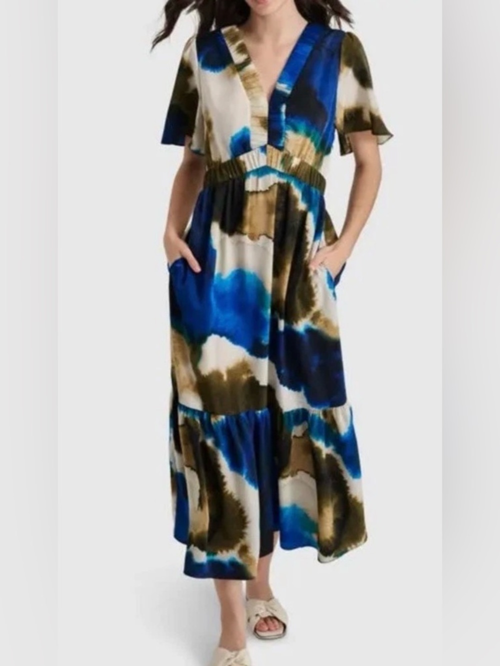 DKNY Abstract Blue Brown Midi Dress V-Neck Ruffle Hem Pockets NWT S